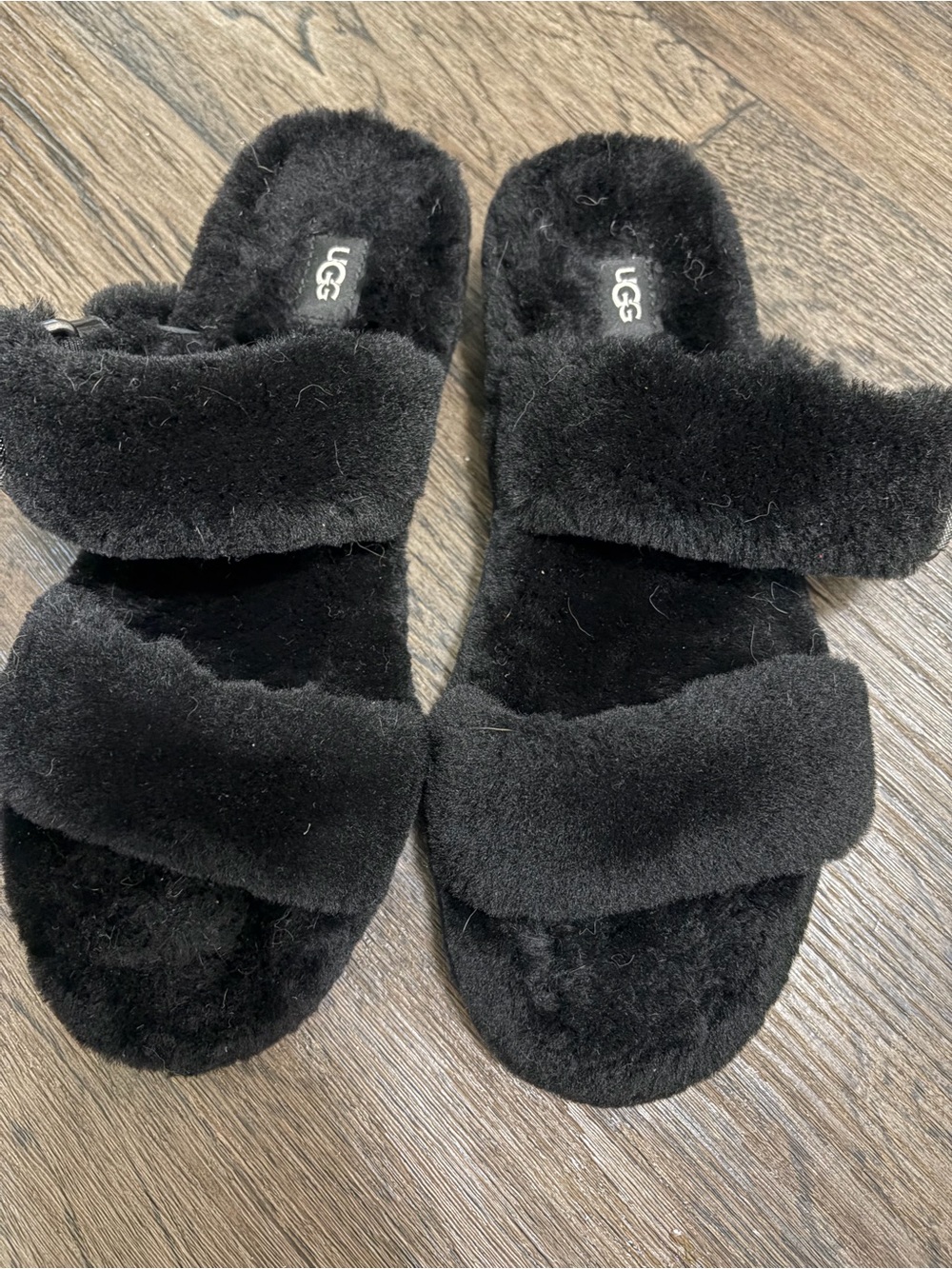 UGG Black Plush Double-Strap Shearling Slide Sandals